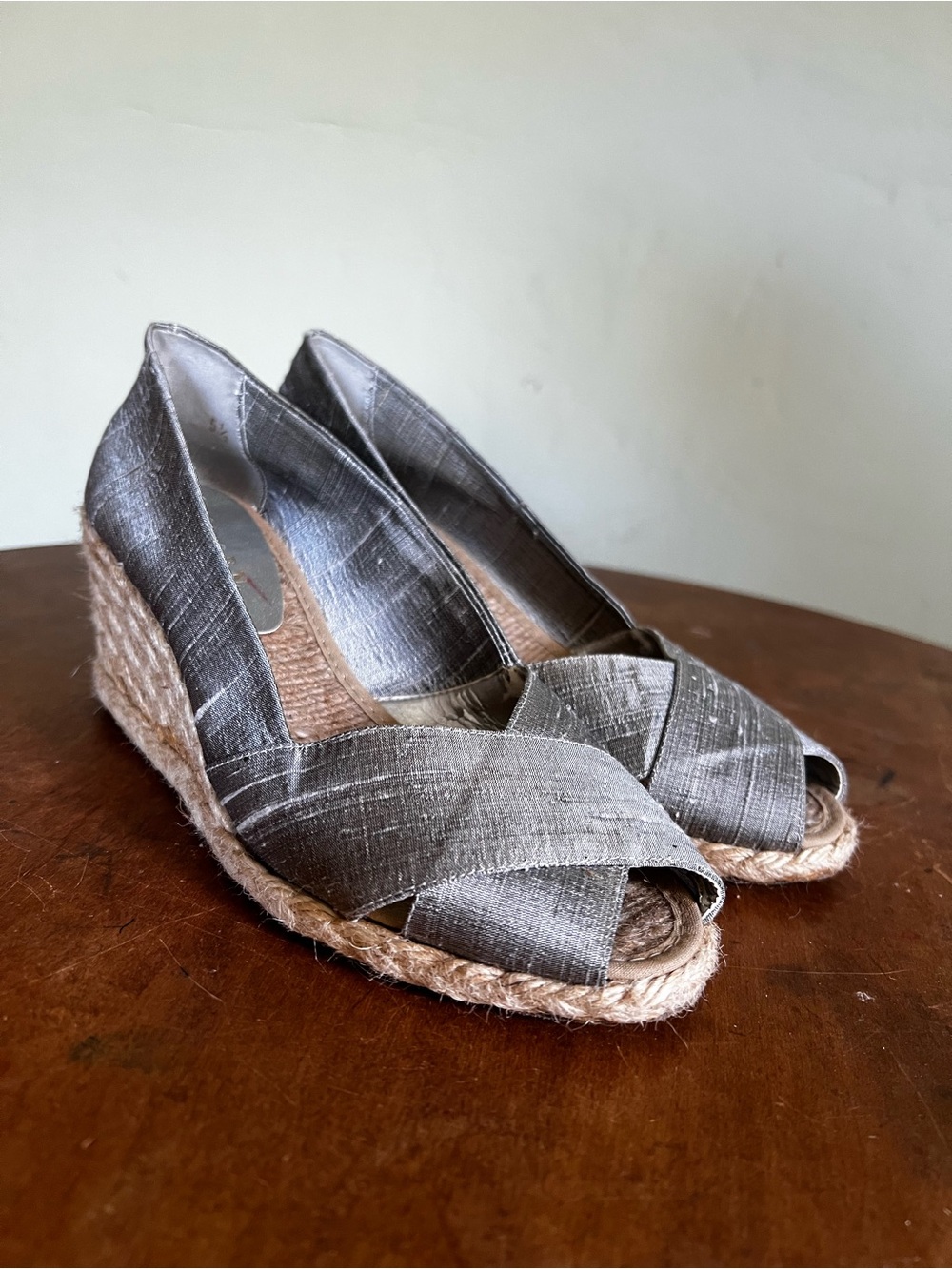 Wedge Espadrille Peep-Toe Heels in Gray